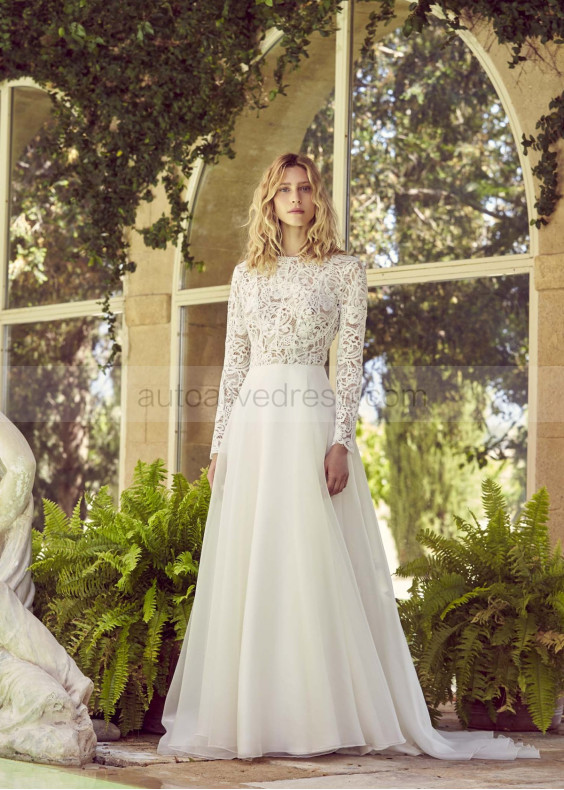 Long Sleeves Ivory Lace Organza Light Wedding Dress